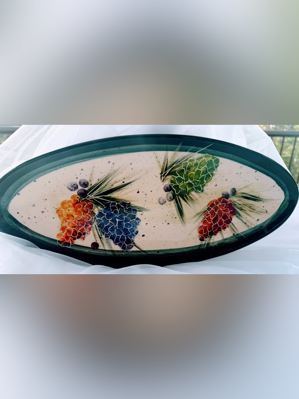 Julie Ueland Pinecone Backsplash Oval Platter, Hand-painted, New Old Stock